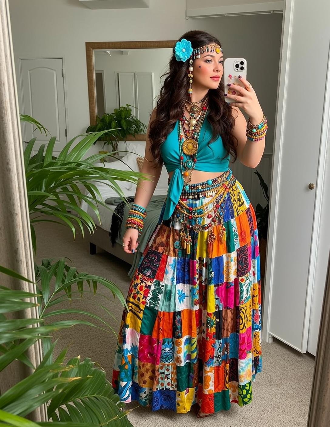Bohemian Skirt Teal Crop Top Selfie In Bedroom reference photo