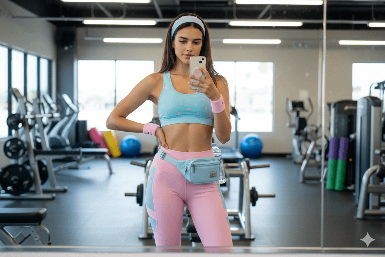Gym Mirror Selfie Blue Heart Sports Bra Leggings