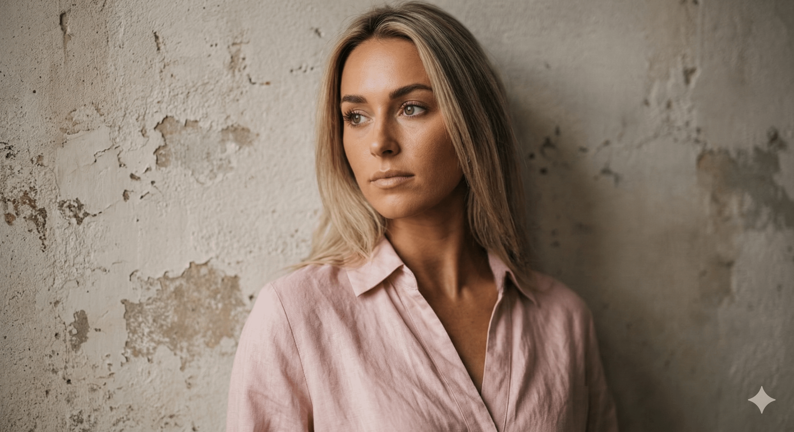 A thoughtful woman in a light pink linen collared shirt, head turned left, against a textured off-white wall with soft lighting.