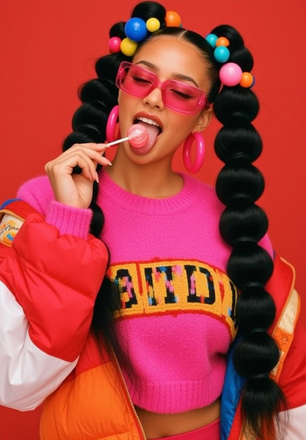 Creative Young Long Black Bubble Ponytails Colorful reference photo