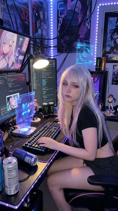 Cyberpunk Cosplayer Hacker Room Glowing Monitors