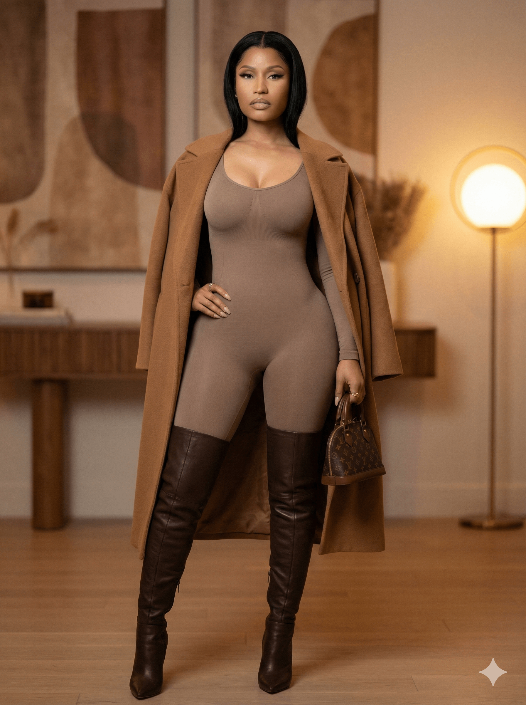 Taupe Bodysuit Caramel Coat Leather Boots Handbag