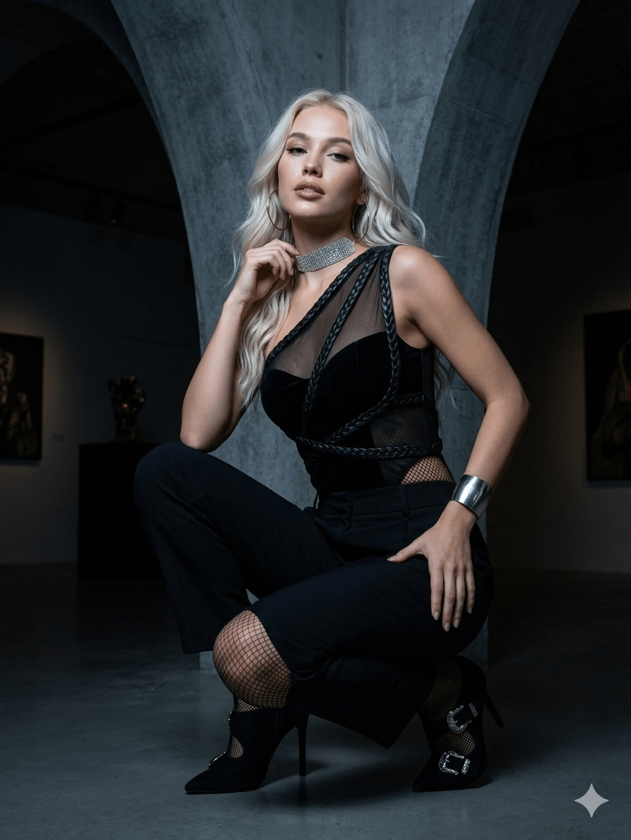 A model crouched gracefully in a contemporary gallery, showcasing a black bodysuit and fishnet stockings against brutalist arches.