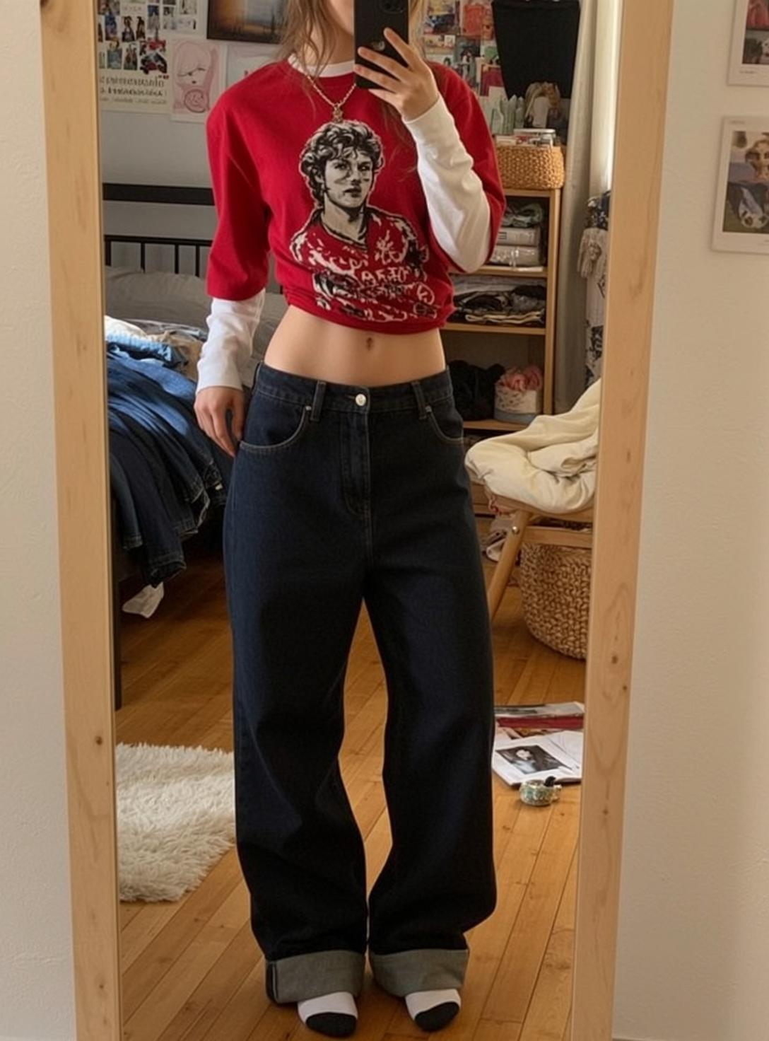 Bedroom Mirror Selfie Red Graphic Shirt Jeans reference photo
