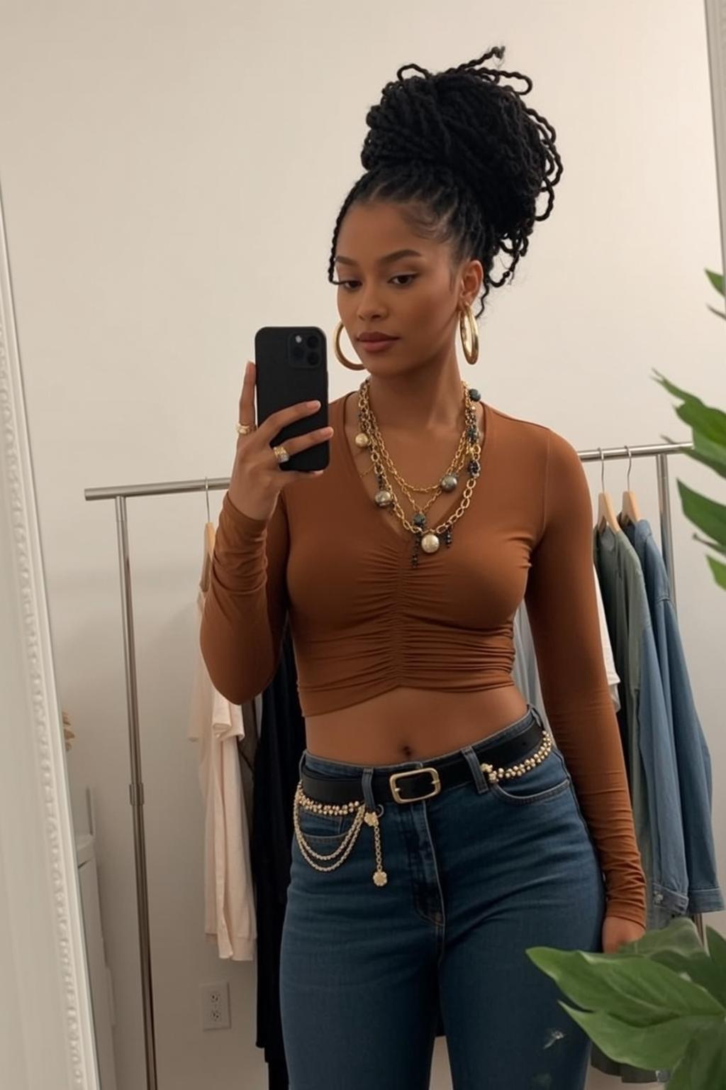 Baddie Stands Facing Mirror Holding Black Smartphone reference photo