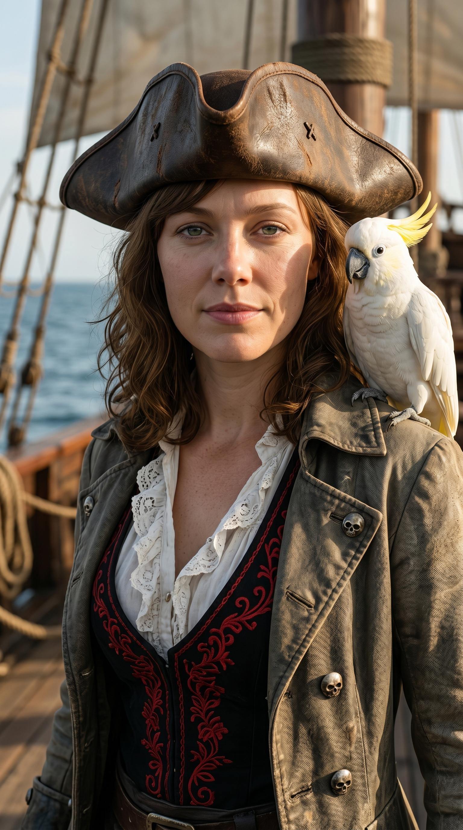 A hyperrealistic close-up portrait of a pirate woman wearing a tricorn hat and ruffled blouse, with a cockatoo perched on her shoulder.