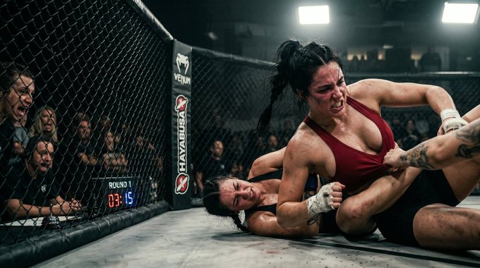 A fierce female MMA fighter in a red sports bra dominates her opponent in the octagon, captured from a low perspective.