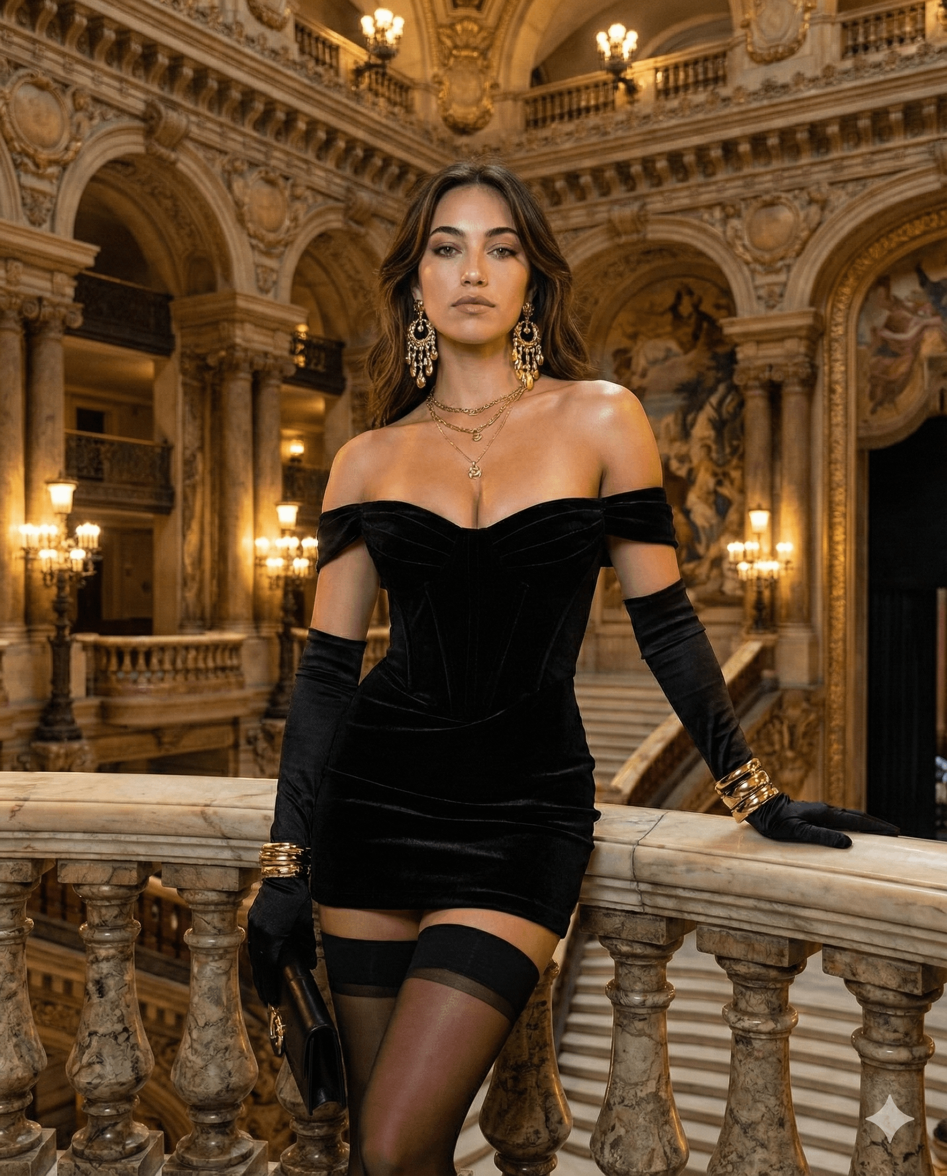 Full-body portrait of a model in a lavish black velvet dress, elegantly posed in an ornate opera house with gilded architecture.