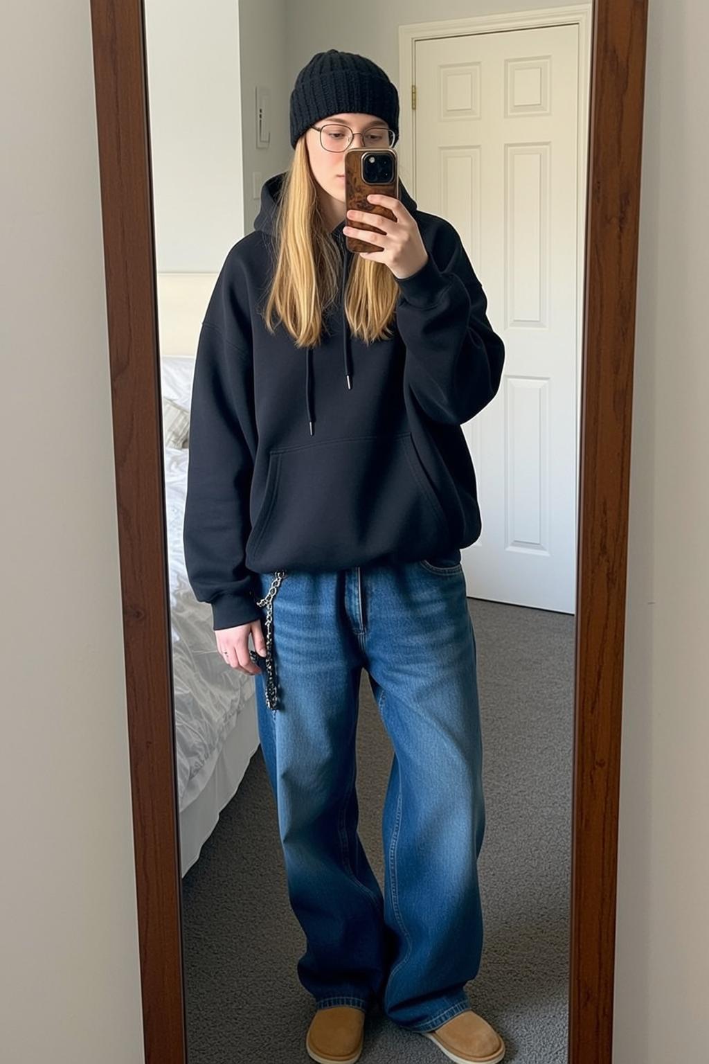 Black Hoodie Bedroom Mirror Selfie