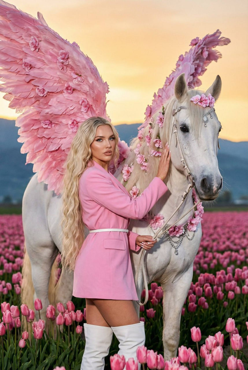 Girl Pegasus Pink Tulip Field Photorealism