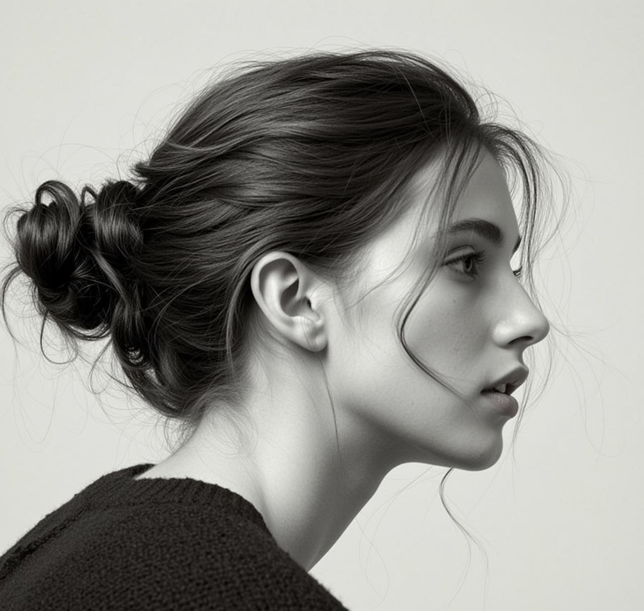 Medium Shot Profile View Black And White Photograph Young Woman reference photo