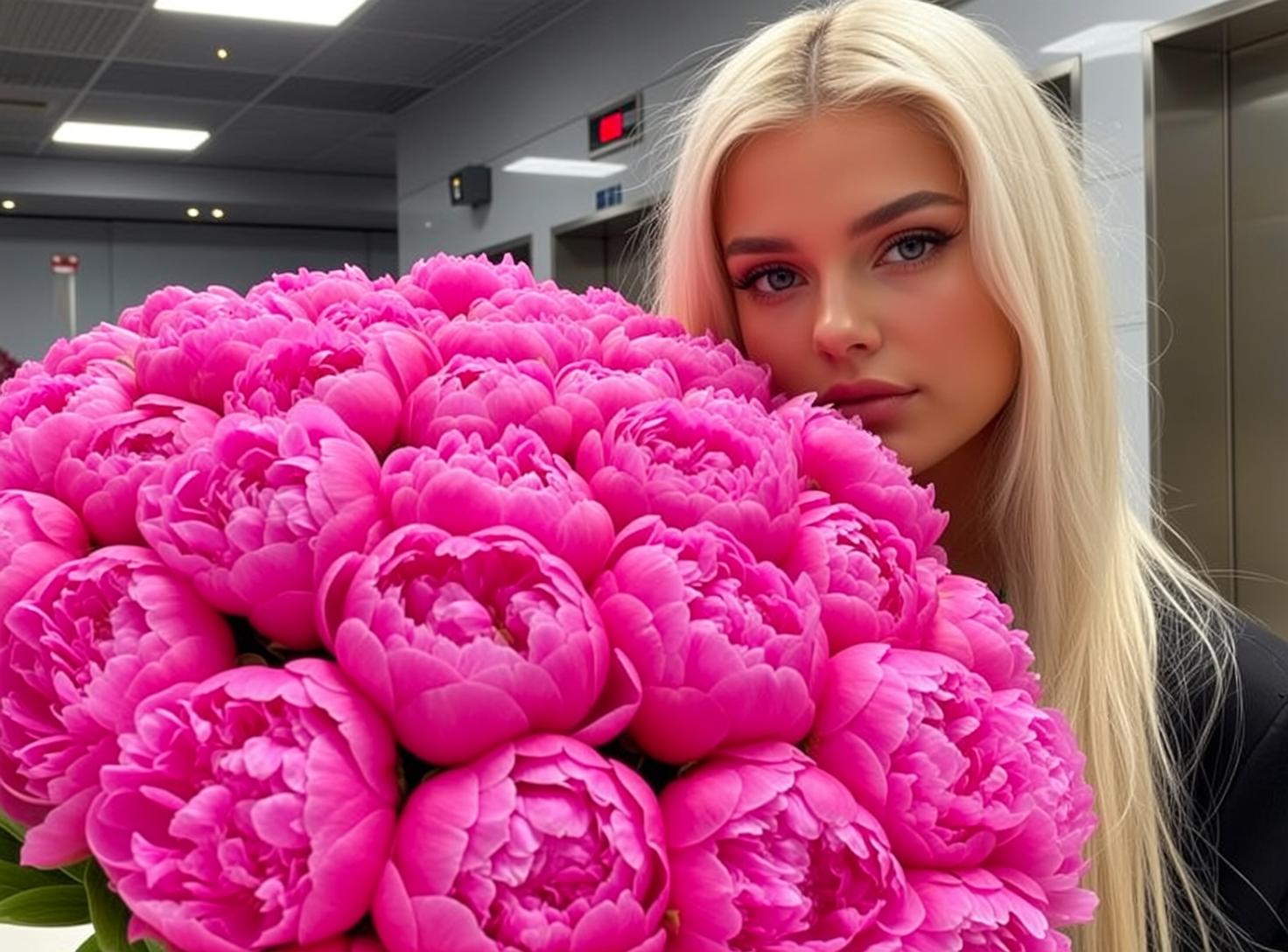 Barbiecore Holding Large Bouquet Vibrant Pink Peonies reference photo