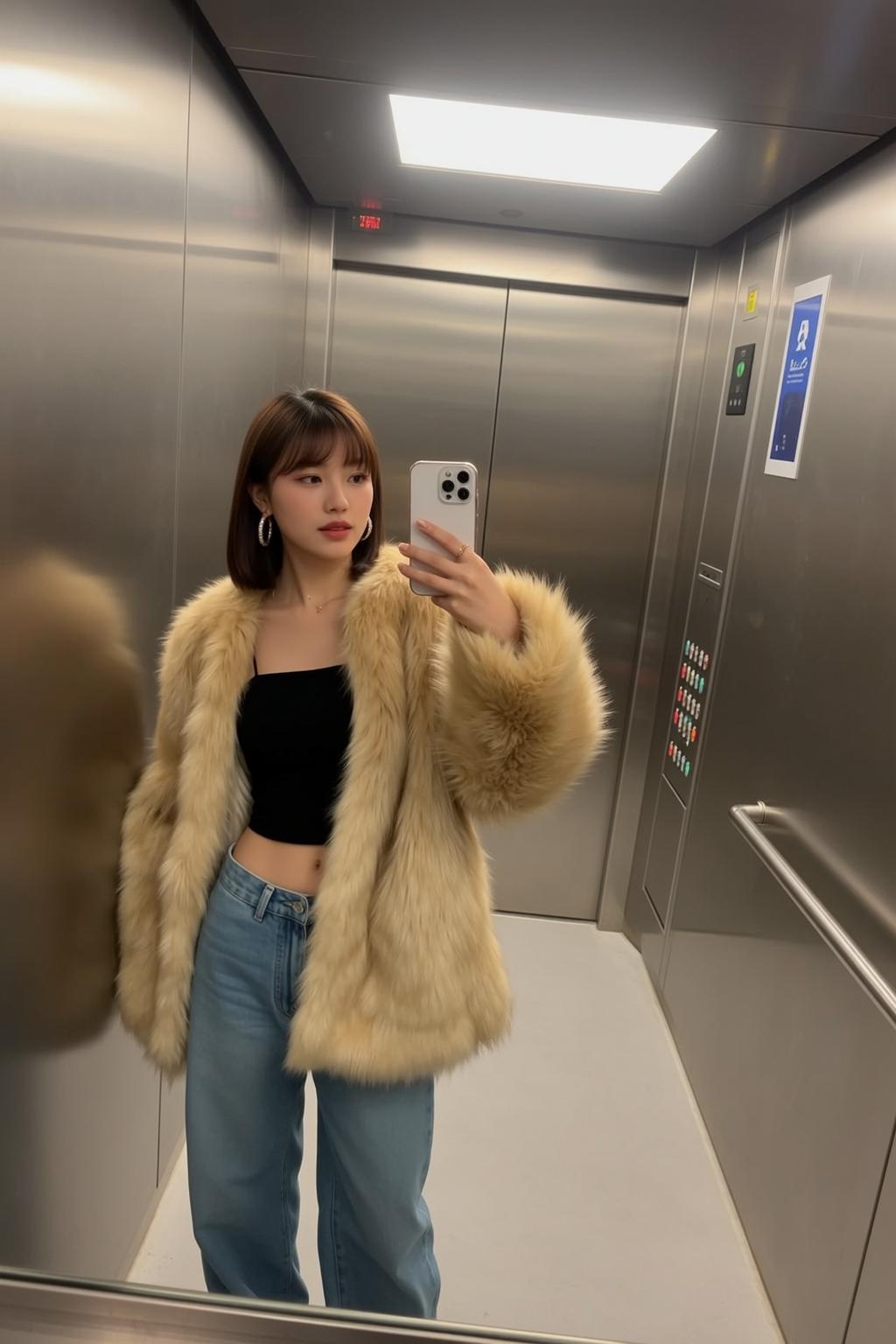 Y2k Stands Elevator Taking Selfie Her Phone reference photo