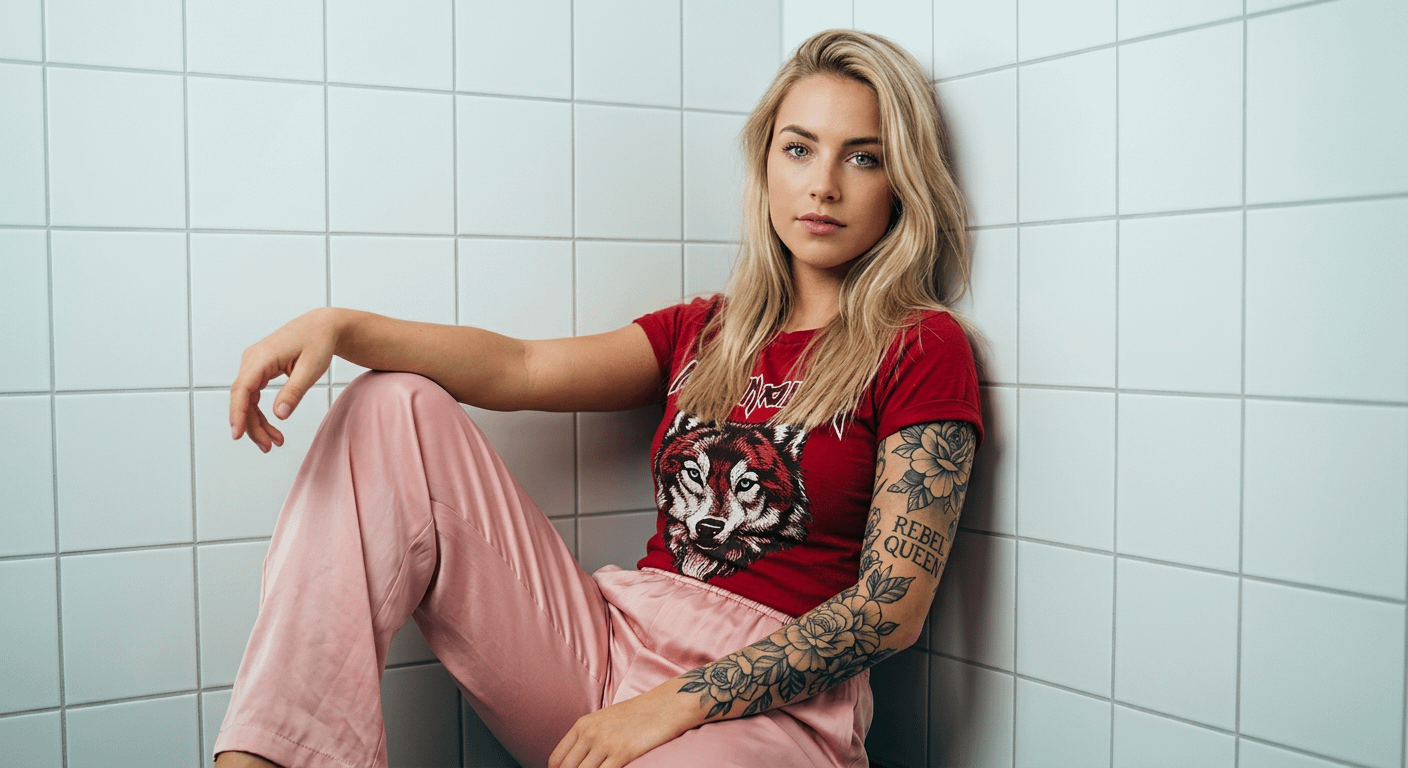 Crimson Wolf Tee Pink Satin Pants White Tile Room