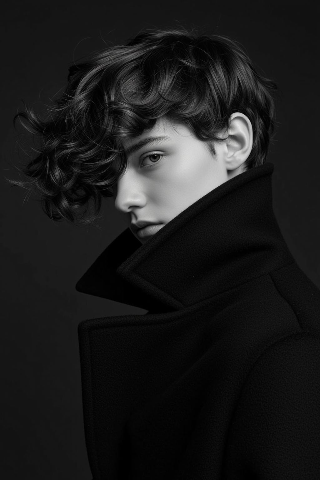 Photorealistic Black And White Portrait Young Person With Wavy Dark reference photo