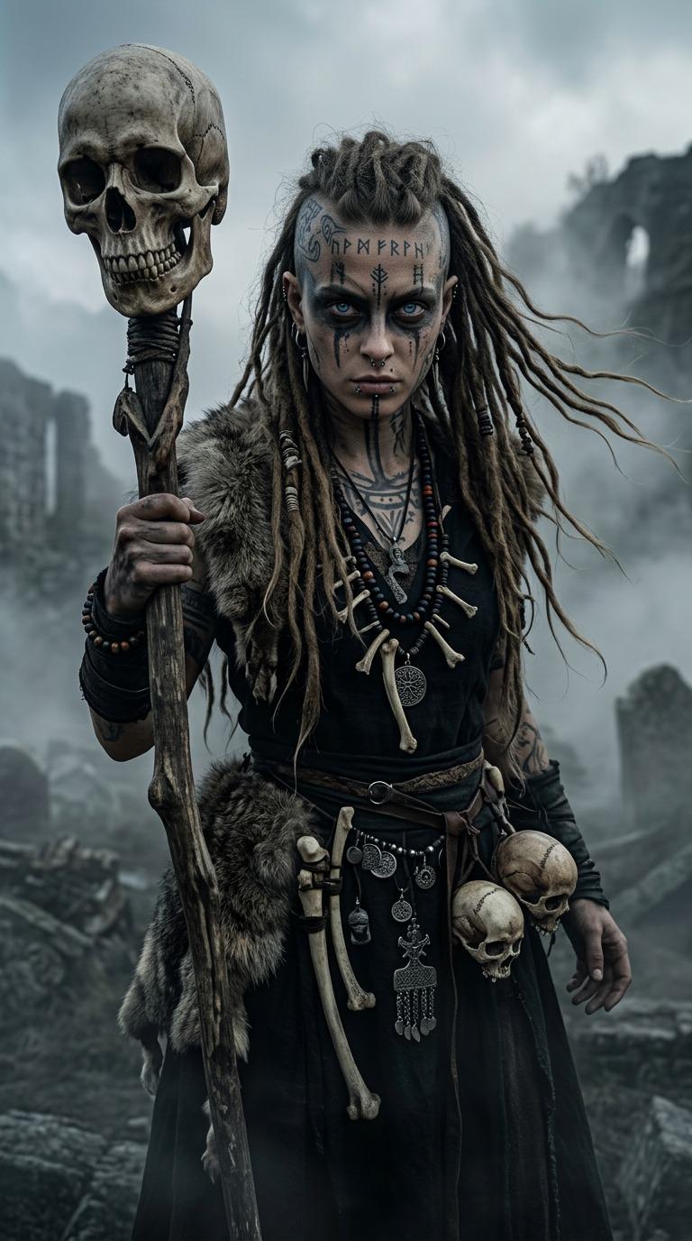 Shamanic Sorceress Tribal Tattoos Ancient Landscape Skull Staff reference photo