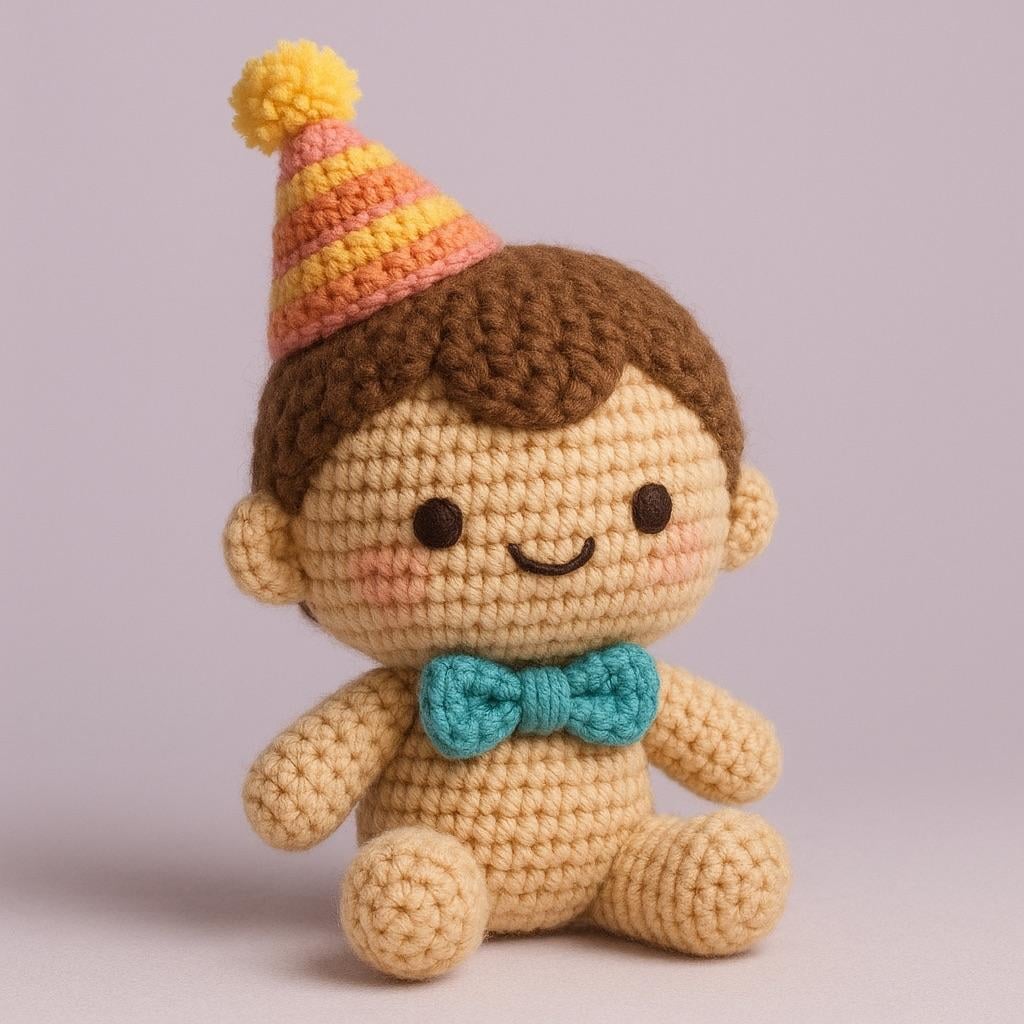 Crocheted Doll With Party Hat And Teal Bowtie reference photo