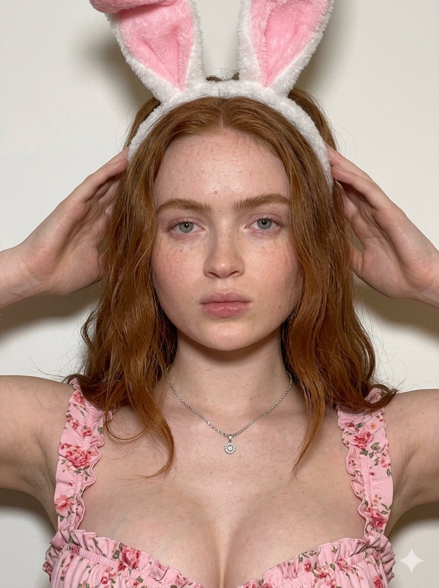 A model wearing white and pink bunny ears with a silver necklace, softly lit against an off-white wall.