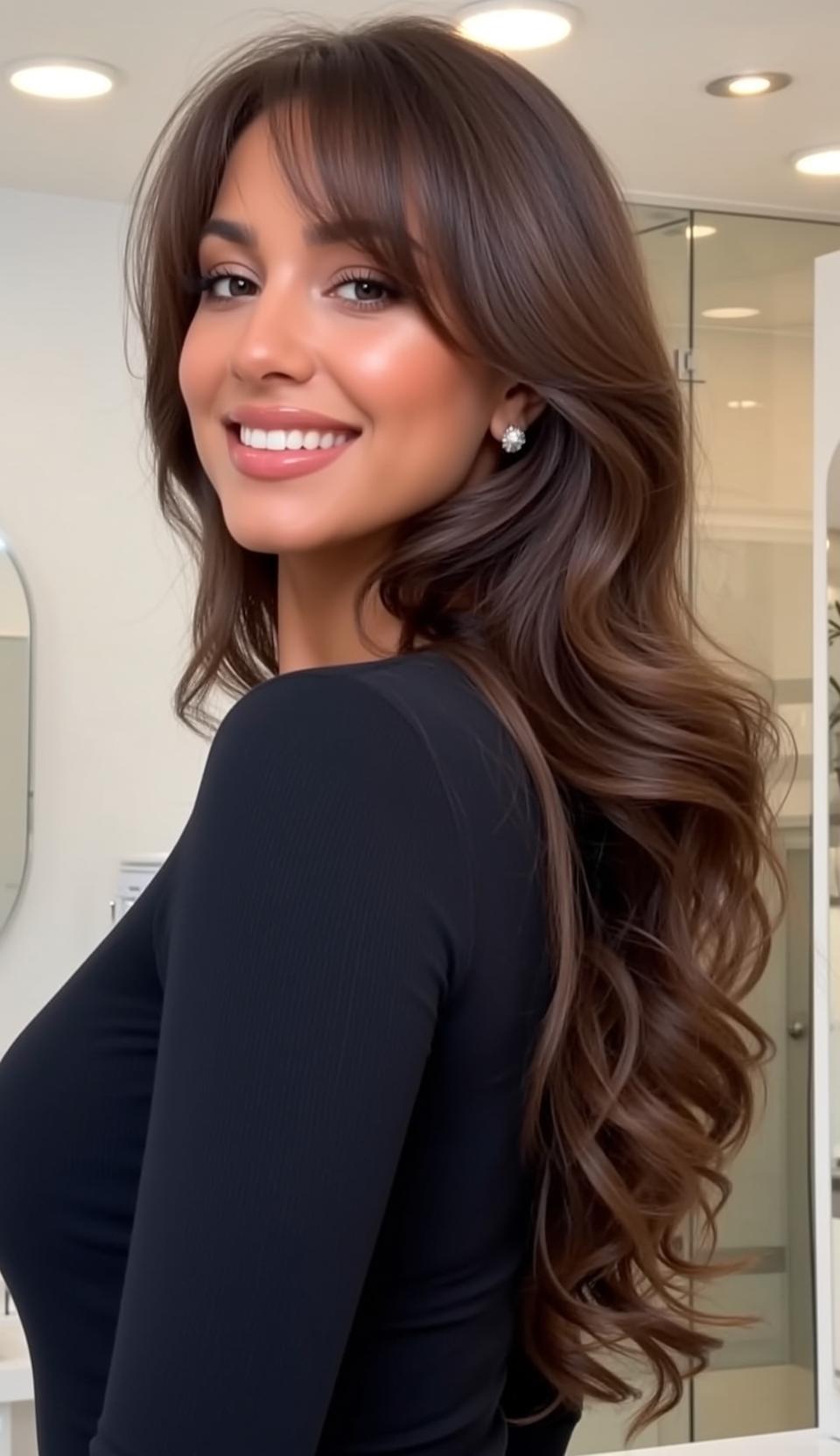 Hair Salon Long Wavy Dark Brown Bangs reference photo