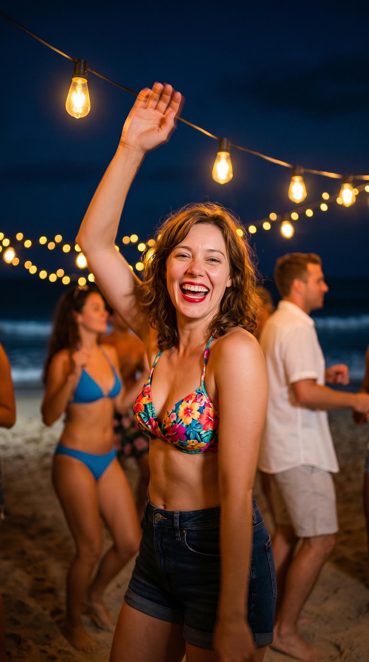 A vibrant nighttime beach party scene featuring string lights, golden sand, and dancing people, with a lively festive atmosphere.