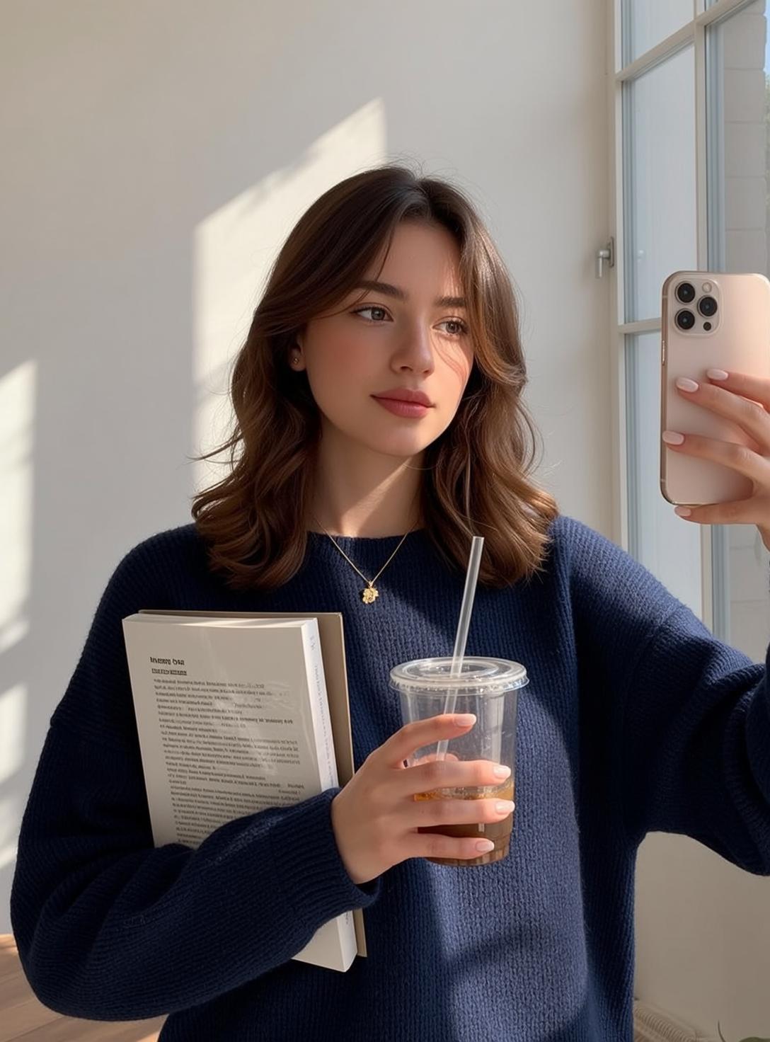 Young Woman Selfie Book Drink Navy Sweater reference photo