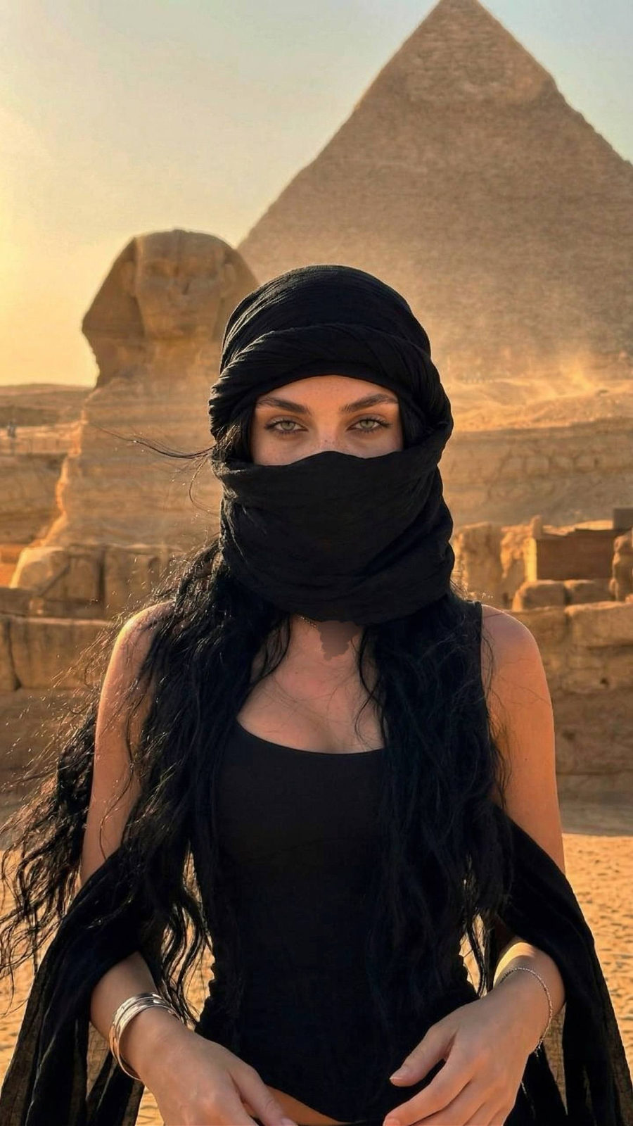 Girl Pyramid Egypt Sphinx Long Hair Scarf Pose