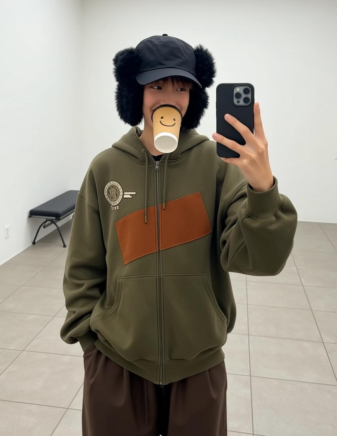 Green Hoodie Coffee Cup Selfie reference photo