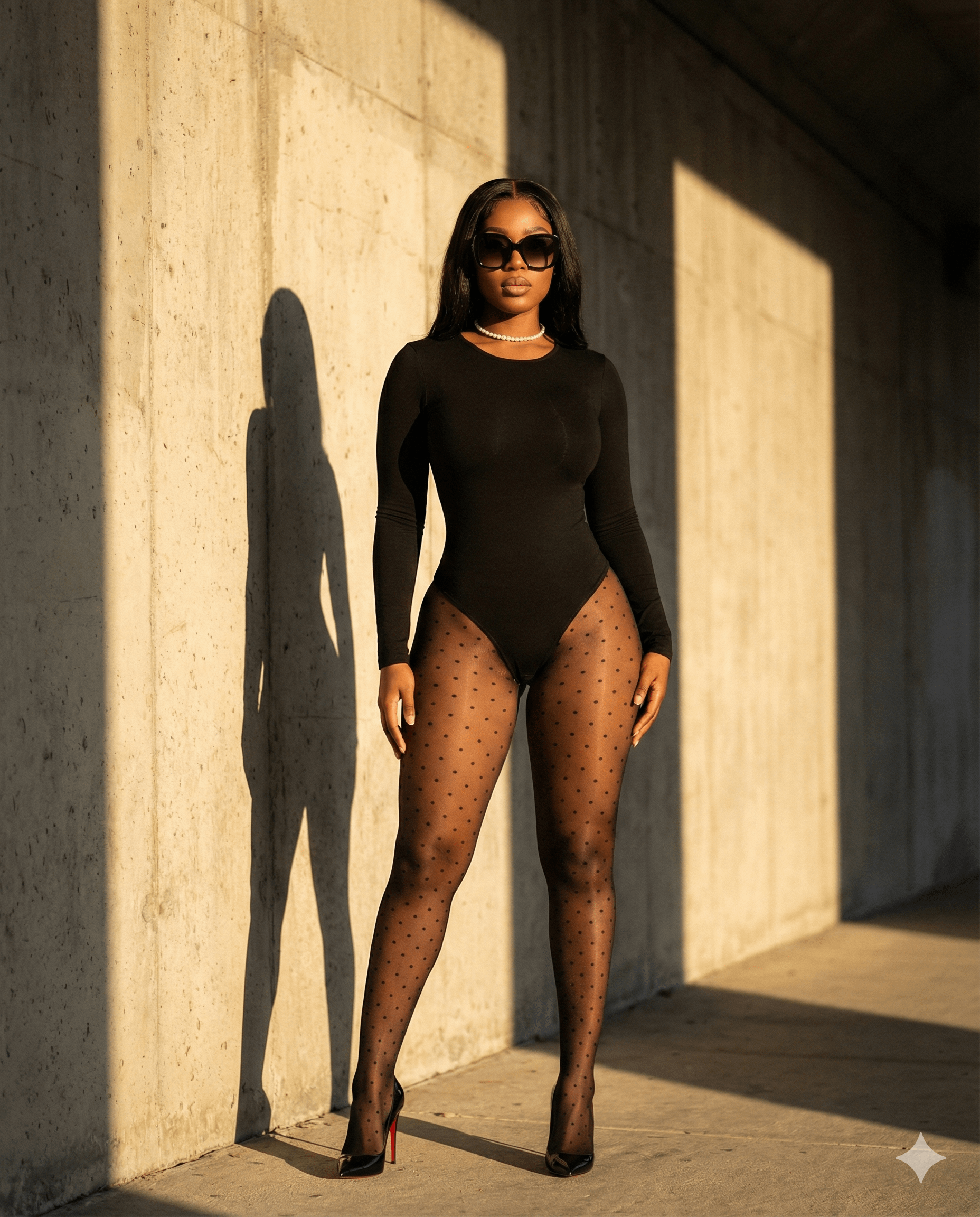 Confident Concrete Wall Warm Sunlight Bodysuit Tights