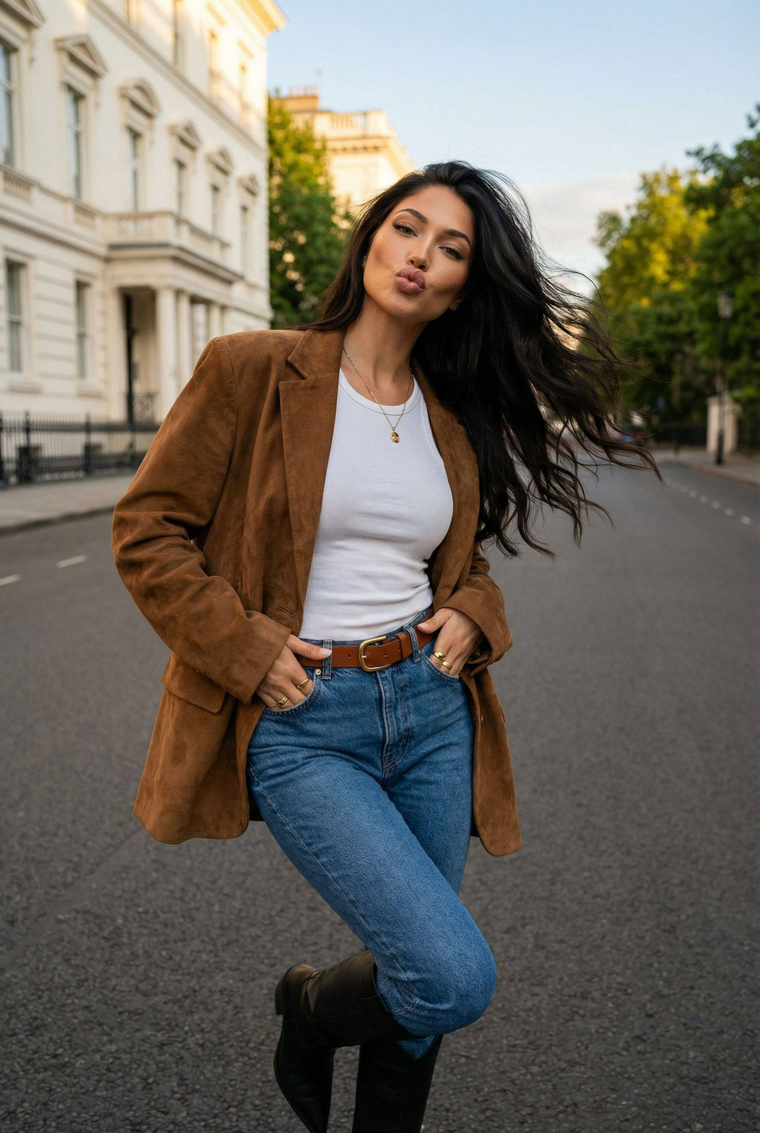 Golden Hour Street Portrait Suede Blazer Jeans
