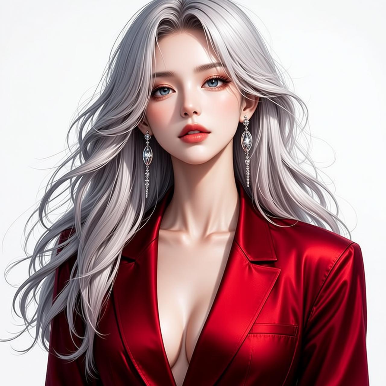 Red Satin Blazer Silver Hair reference photo