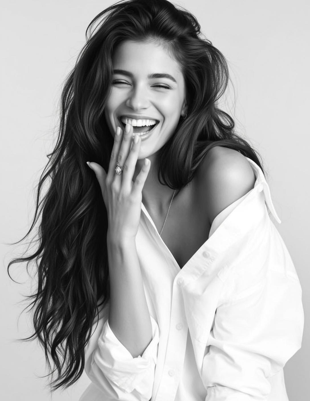 Black And White Medium Shot Portrait Young Woman With Long reference photo