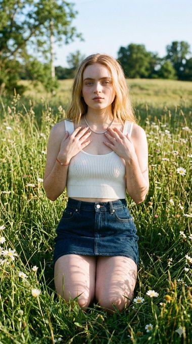 Kneeling In Field White Daisies Denim Skirt