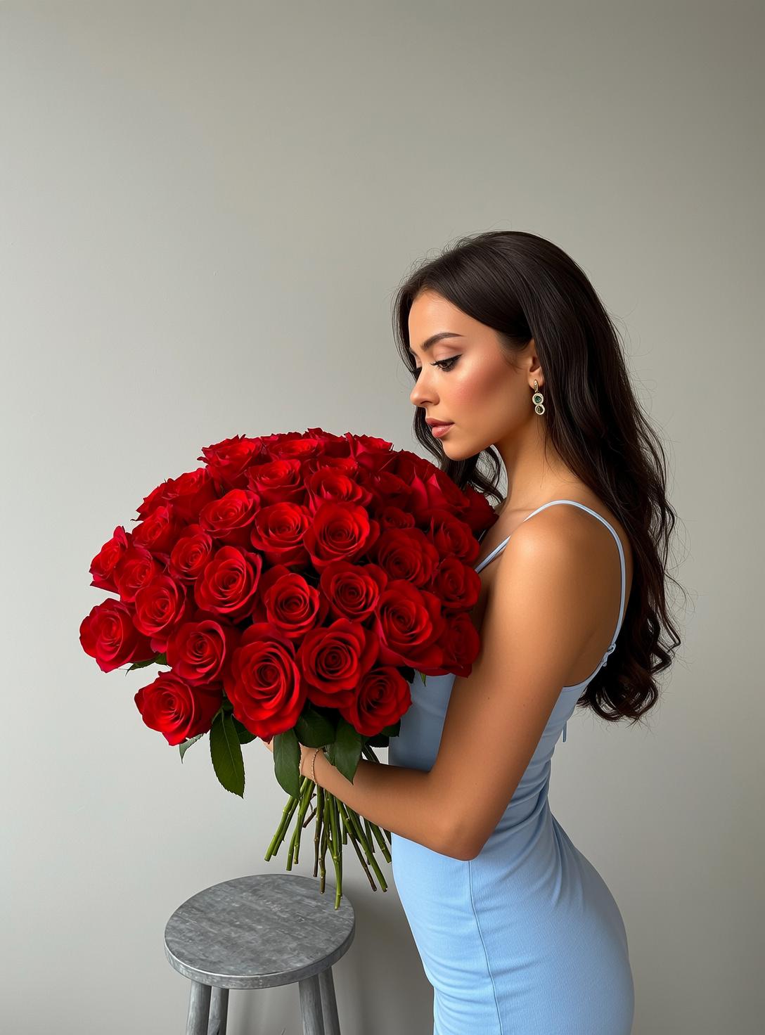 Holding Red Roses Elegant Studio reference photo