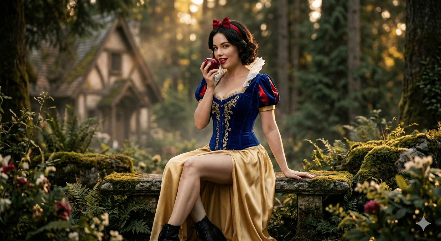 Adult Snow White Forest Bench Apple Portrait