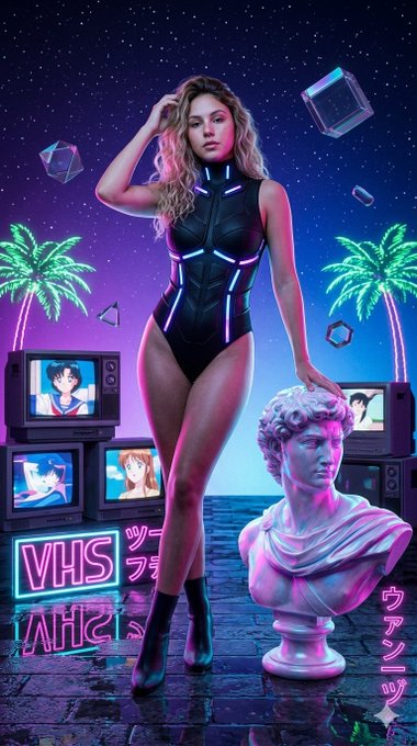 Retro Futurist Woman Neon Bodysuit Marble Bust Starry Sky