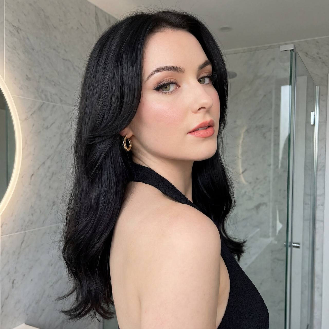 Glamorous Dark Hair Modern Bathroom Portrait