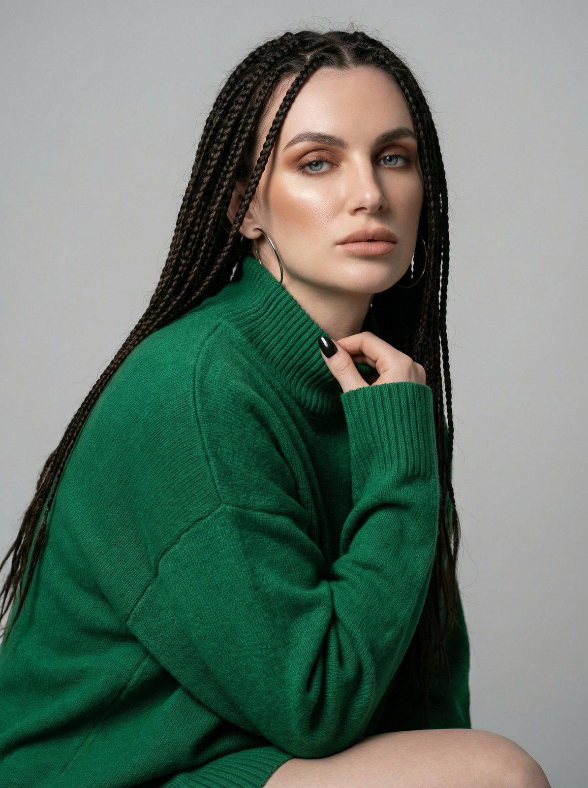 Realistic Studio Portrait Green Sweater Braids
