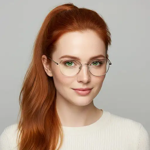 Photorealistic portrait of a woman with fiery ginger hair in a ponytail, bright green eyes, and freckles, set against a neutral background.