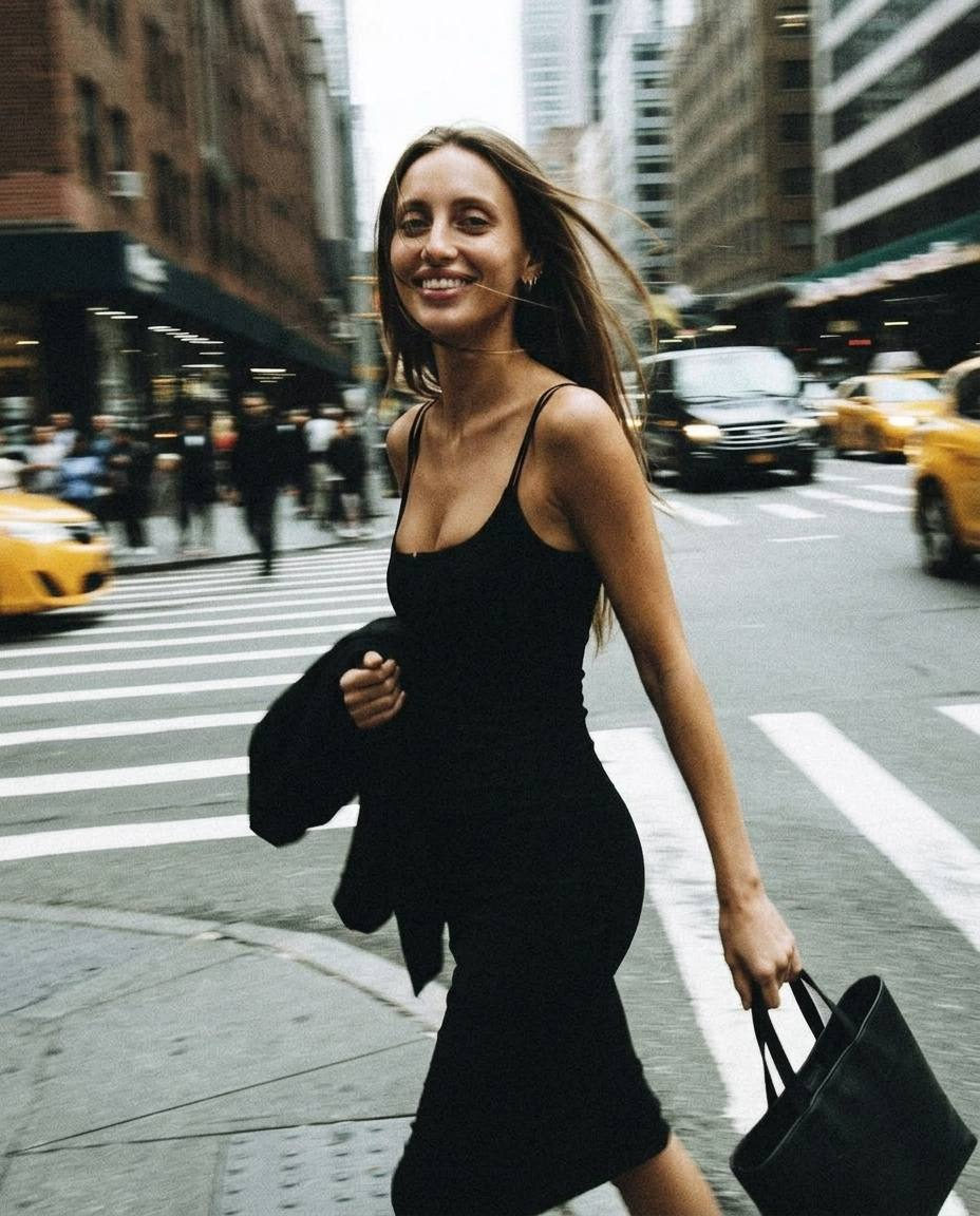 A woman in a black dress walking at a city intersection with motion blur effects, showcasing her wind-blown hair and a warm smile.