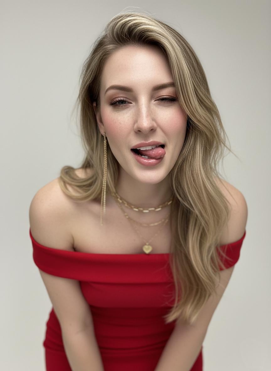 A playful female model in a fitted red dress and gold jewelry, leaning slightly forward with a flirtatious expression.