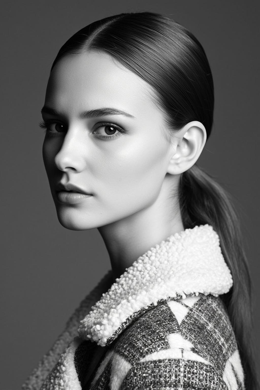 Photorealistic Black And White Medium Close-up Portrait Young Woman With reference photo