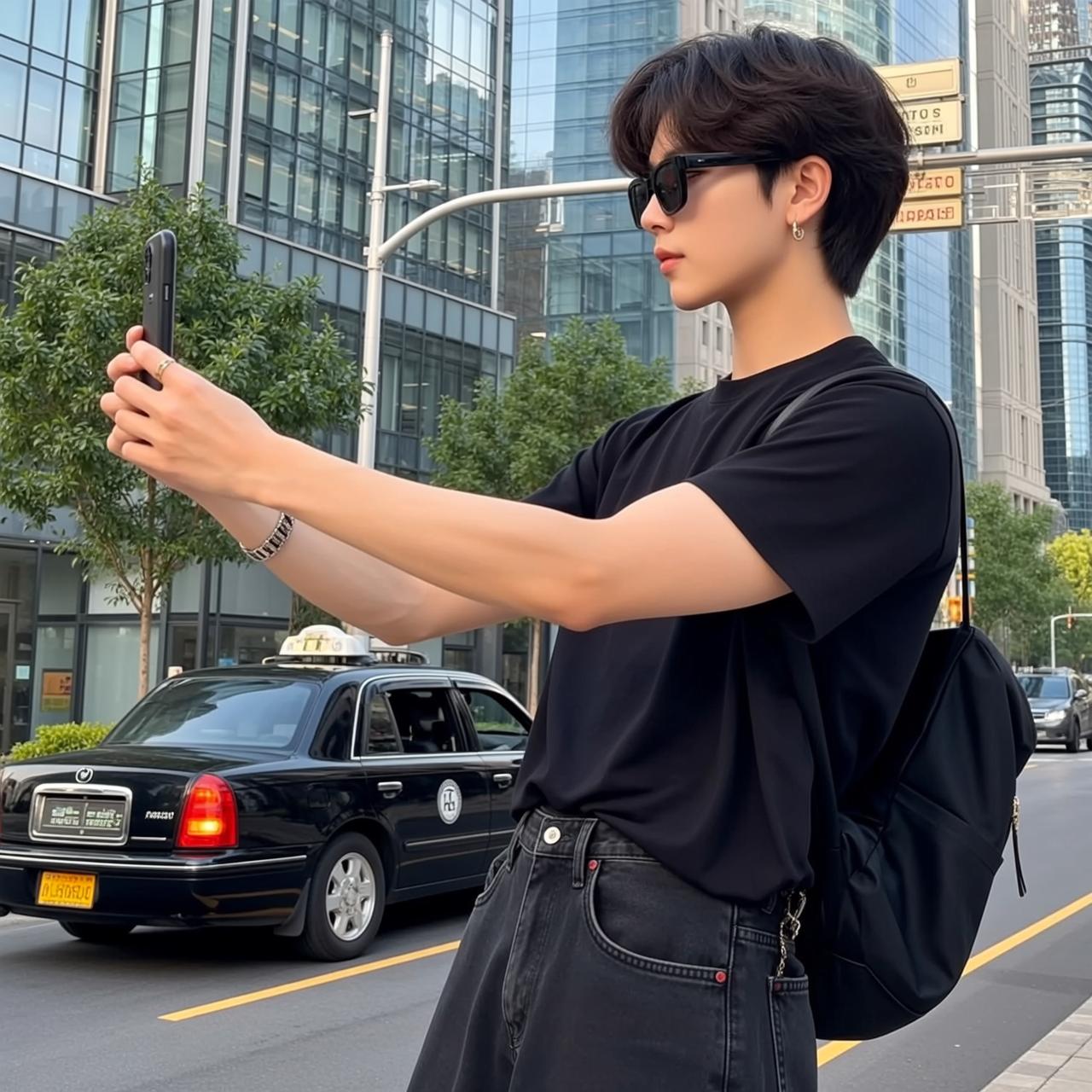 Explore Young Stands City Street Holding Smartphone reference photo