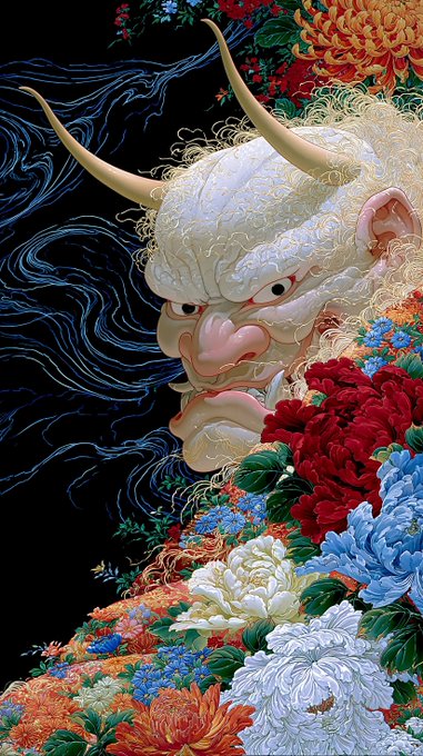 A close-up of a mythical creature's head emerging from vibrant flowers, showcasing gold horns and intense red eyes.