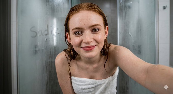 Close-up of a woman with wet slicked back hair and a towel in a modern bathroom, smiling with vibrant eyes.