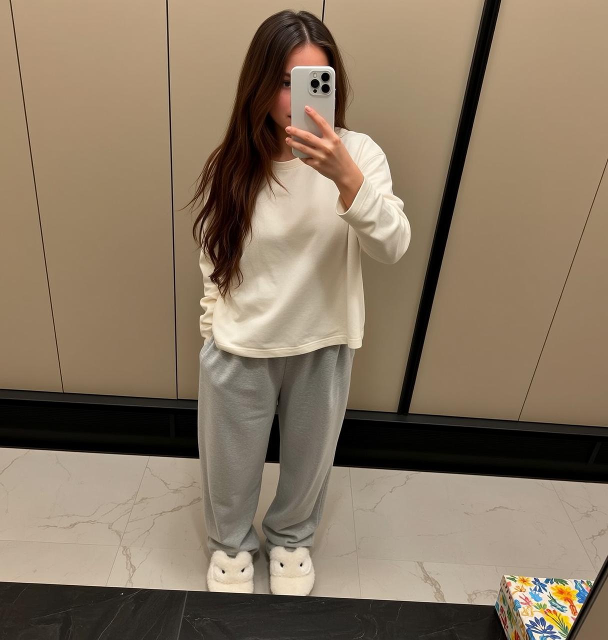 Cream Sweatshirt Grey Sweatpants Selfie reference photo