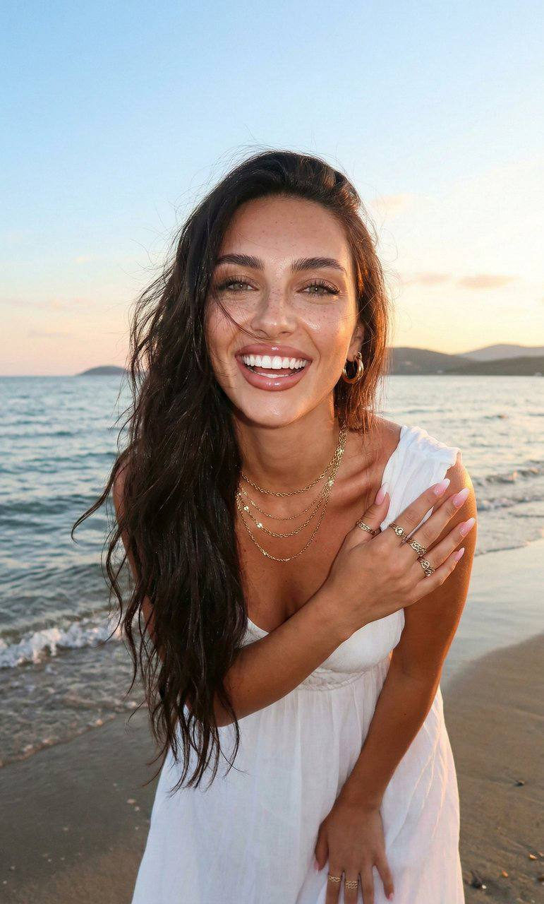 Young Woman Beach Sunset Laughing Y2k