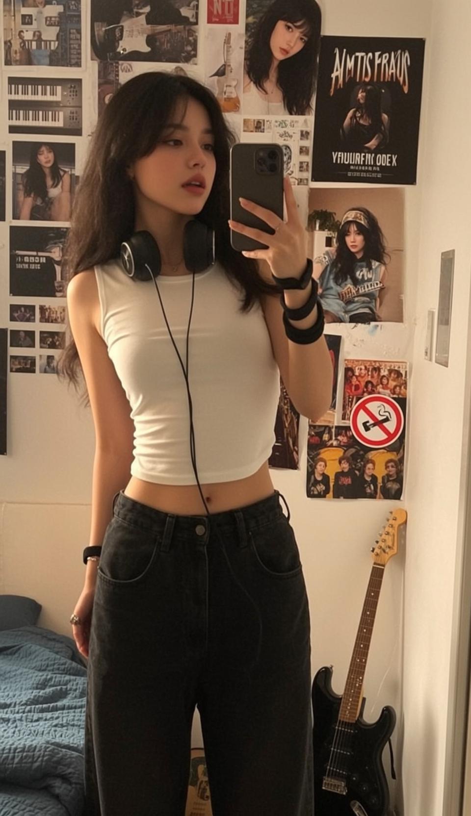 Asian Woman Bedroom Selfie Black Jeans Guitar