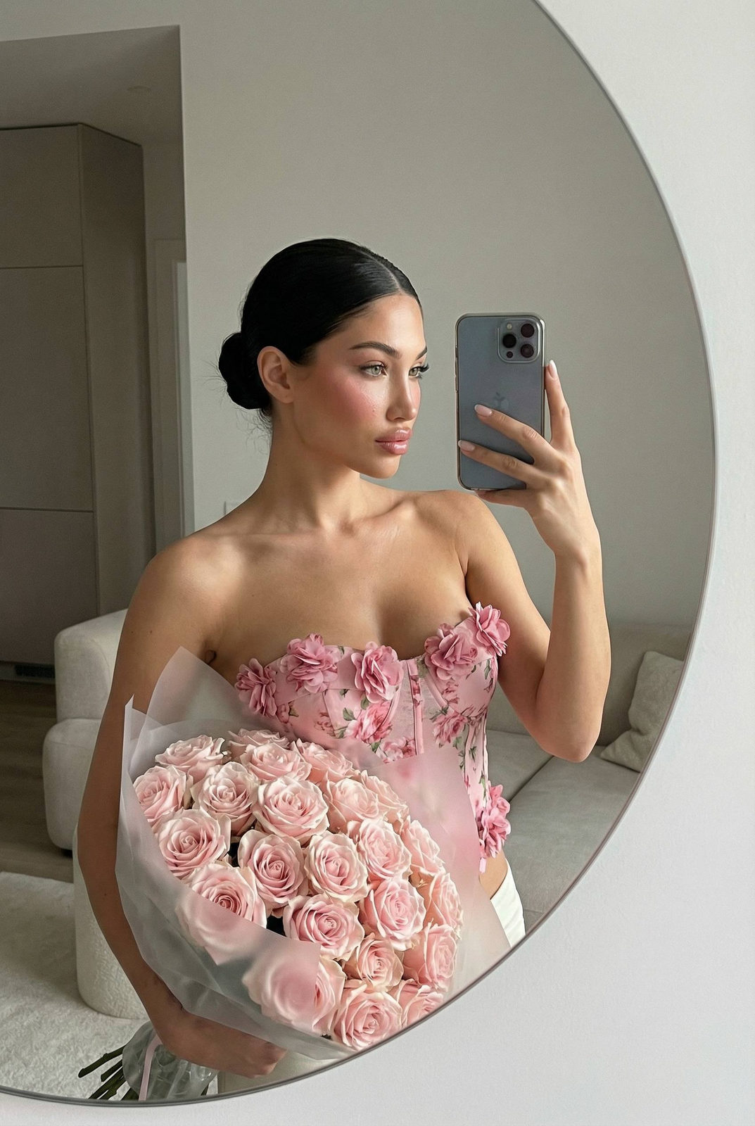 Woman Pastel Roses Mirror Selfie Realistic
