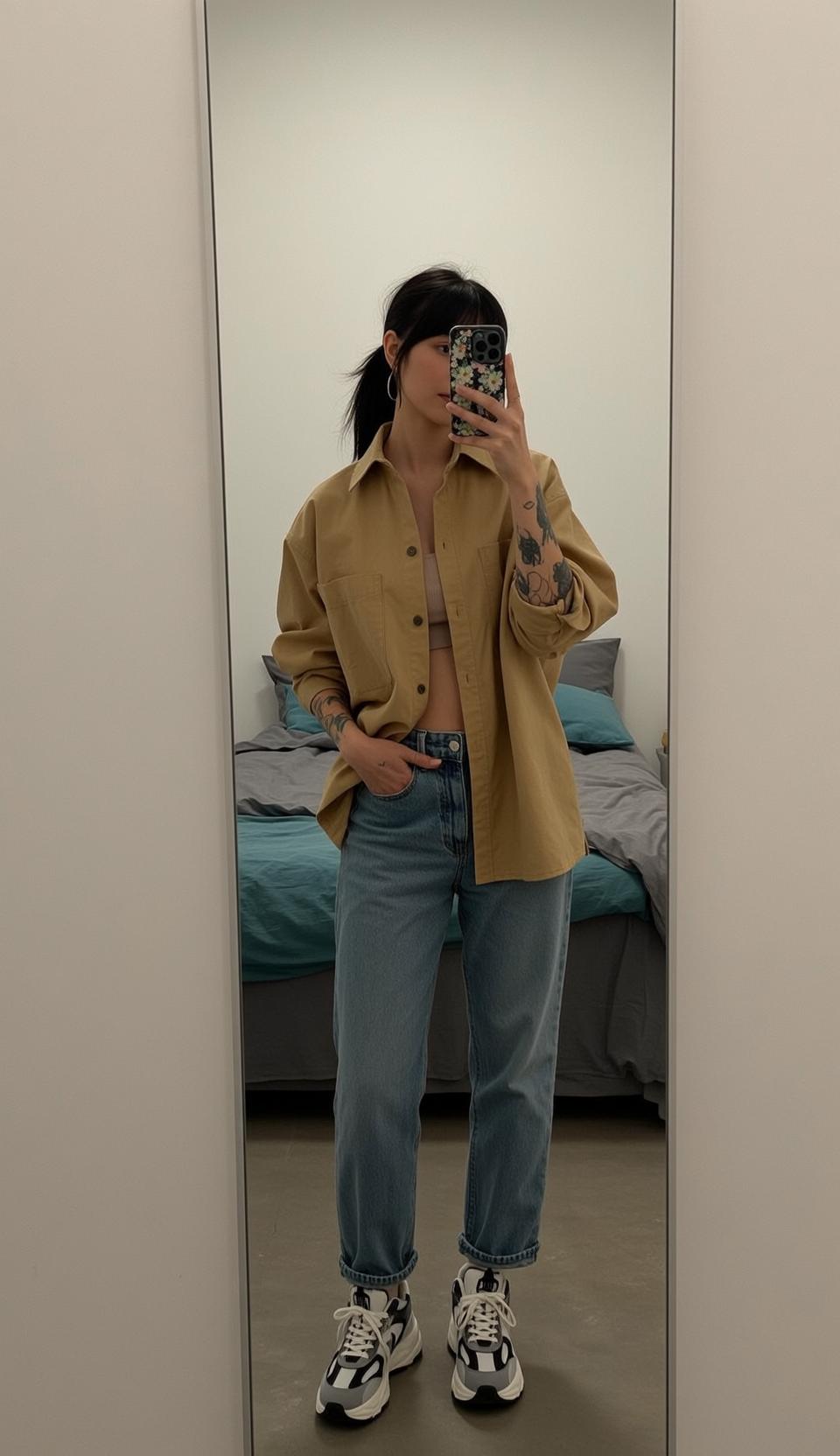 Tan Shirt and Cuffed Jeans Bedroom reference photo