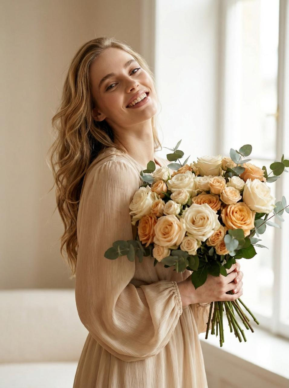 Realistic Soft Romantic Portrait Ivory Peach Roses